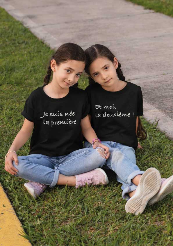 Image de t-shirts duo noir "Je suis née la première et moi la deuxième ! "-MCL Sérigraphie