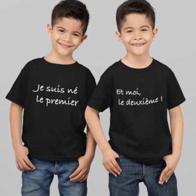 Image de t-shirts duo noir "Je suis né le premier et moi le deuxième ! "-MCL Sérigraphie