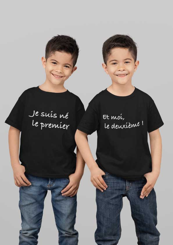 Image de t-shirts duo noir "Je suis né le premier et moi le deuxième ! "-MCL Sérigraphie