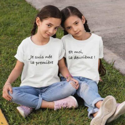 Image de t-shirts duo blanc "Je suis née la première et moi la deuxième ! "-MCL Sérigraphie