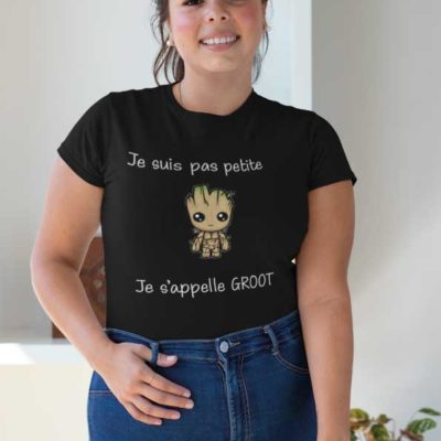 Image de t-shirt noir "Je suis pas petite je s'appelle groot"-MCL Sérigraphie