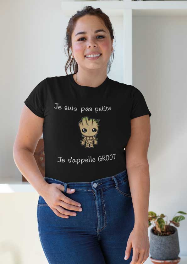 Image de t-shirt noir "Je suis pas petite je s'appelle groot"-MCL Sérigraphie