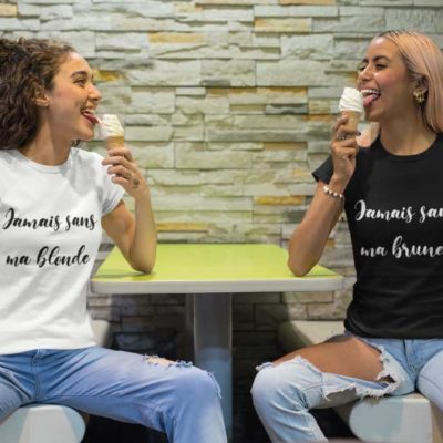 Image t-shirt blanc et noir"Jamais sans ma blonde"/"Jamais sans ma brune"-MCL Sérigraphie