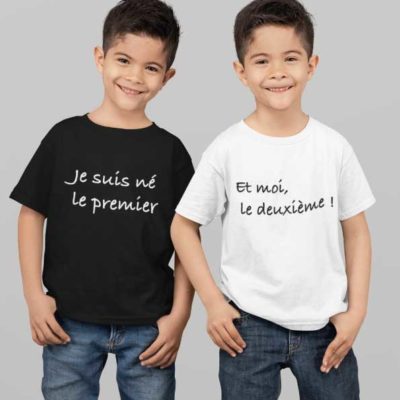 Image de t-shirts duo noir et blanc "Je suis né le premier et moi le deuxième ! "-MCL Sérigraphie