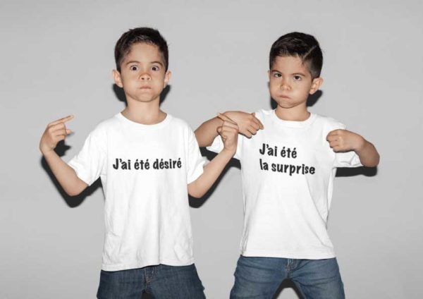Image de t-shirts duo blanc "J'ai été désiré/J'ai été la surprise "-MCL Sérigraphie