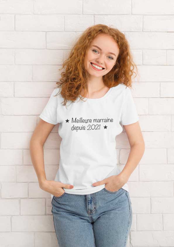 Image de t-shirt blanc femme "Meilleure marraine depuis 2021"-MCL Sérigraphie