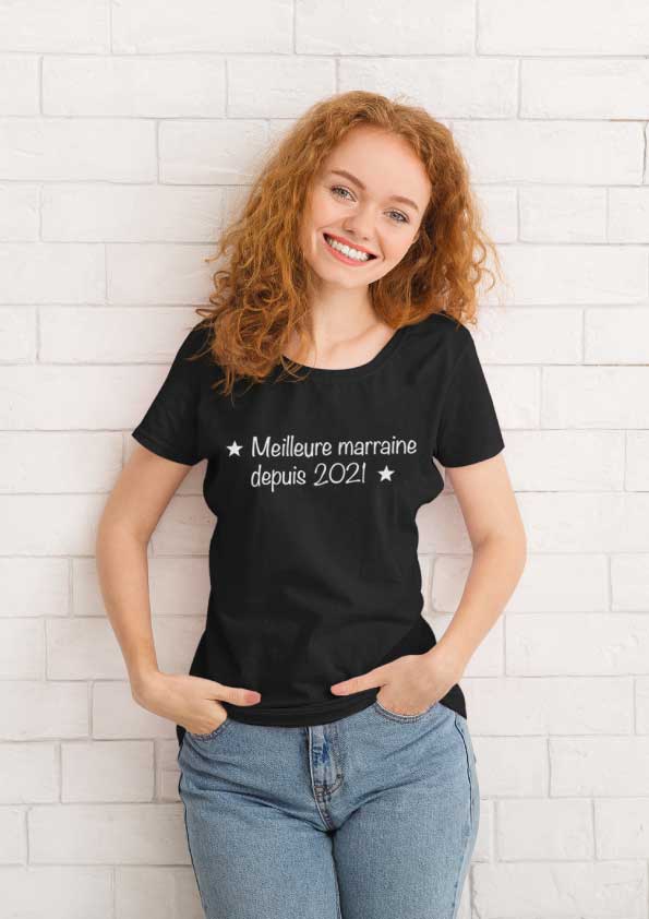 Image de t-shirt noir femme "Meilleure marraine depuis 2021"-MCL Sérigraphie