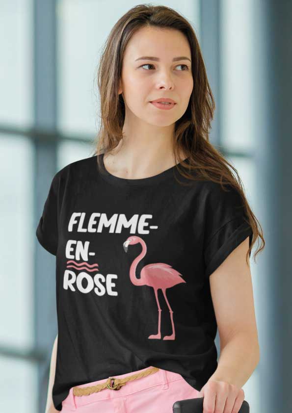 Image de t-shirt noir "FLEMME-EN-ROSE"-MCL Sérigraphie