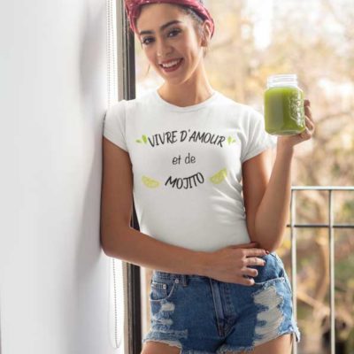 Image de t-shirt blanc "Vivre d'amour et de Mojito"-MCL Sérigraphie