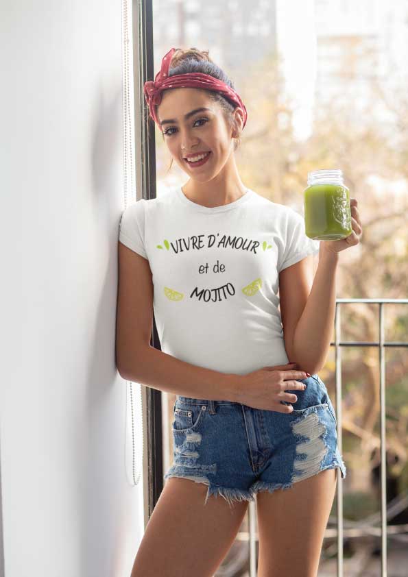 Image de t-shirt blanc "Vivre d'amour et de Mojito"-MCL Sérigraphie