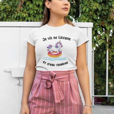 Image de t-shirt blanc "Je vis de licorne et d'eau fraîche"-MCL Sérigraphie