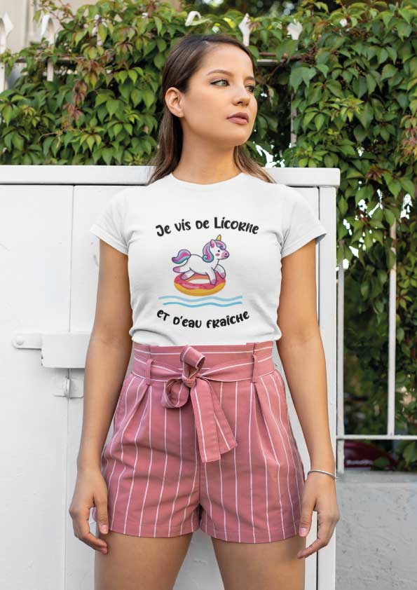 Image de t-shirt blanc "Je vis de licorne et d'eau fraîche"-MCL Sérigraphie