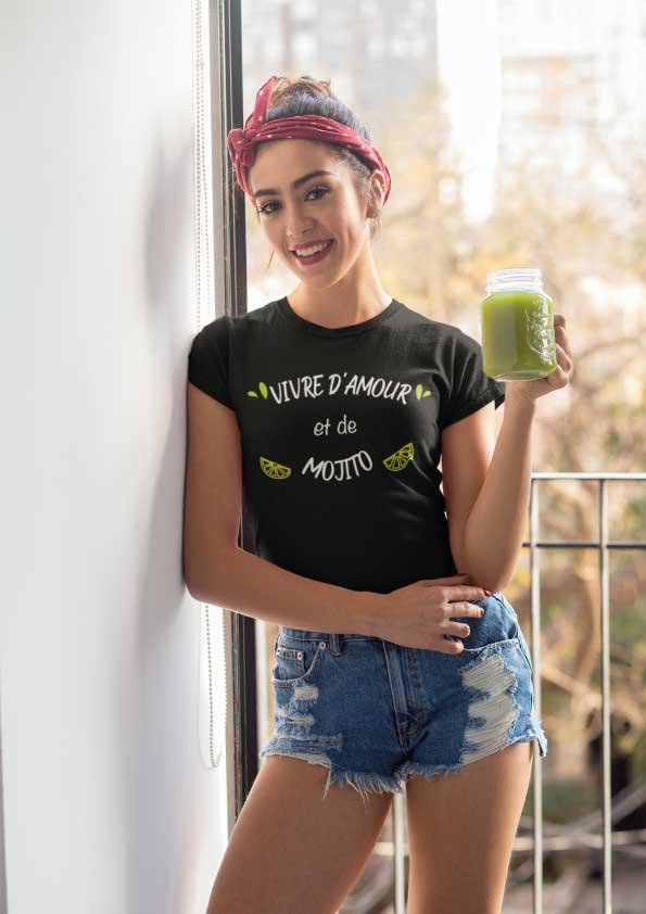 Image de t-shirt noir "Vivre d'amour et de Mojito"-MCL Sérigraphie