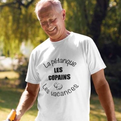 Image de t-shirt blanc "La pétanque les copains les vacances"-MCL Sérigraphie