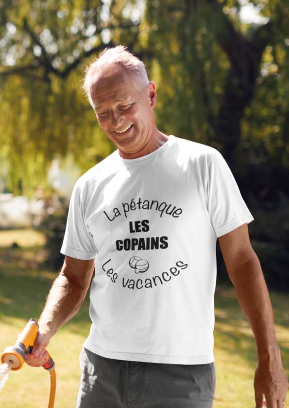 Image de t-shirt blanc "La pétanque les copains les vacances"-MCL Sérigraphie