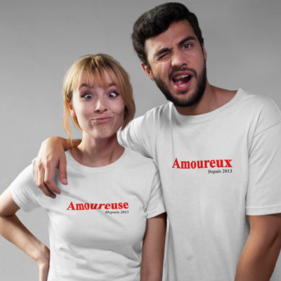 T-shirts blancs couple "Amoureux depuis/Amoureuse depuis" l MCL Sérigraphie