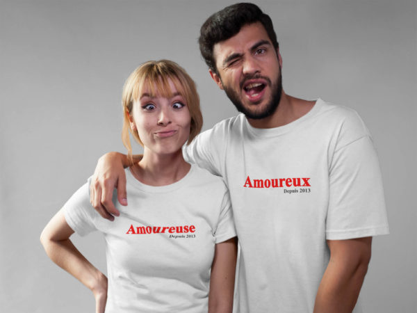 T-shirts blancs couple "Amoureux depuis/Amoureuse depuis" l MCL Sérigraphie