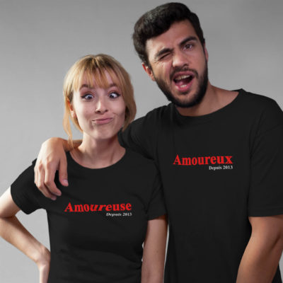 Image de t-shirts noirs couple "Amoureux depuis/Amoureuse depuis" l MCL Sérigraphie