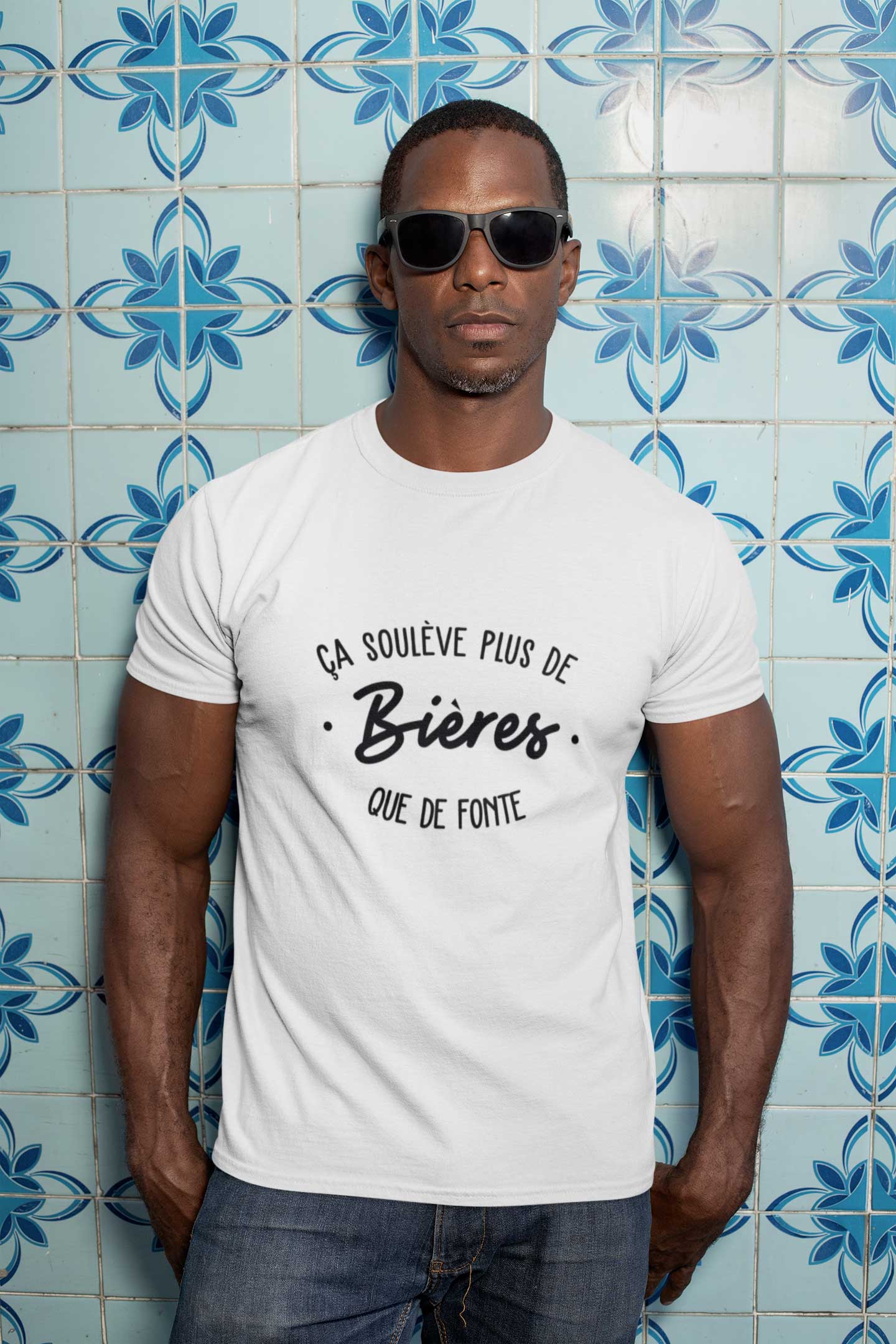 T-shirt blanc "Ca soulève plus de bière que de fonte" - MCL Sérigraphie